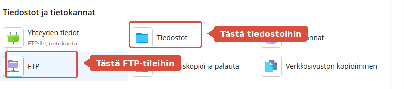 Koontinäytön kohta Tiedostot ja tietokannat, jossa Tiedostot ja FTP on korostettu