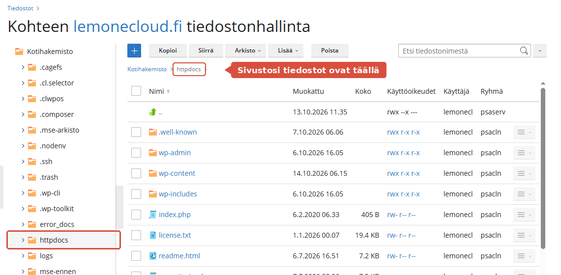 Tiedostonhallinta avattuna httpdocs-kansioon