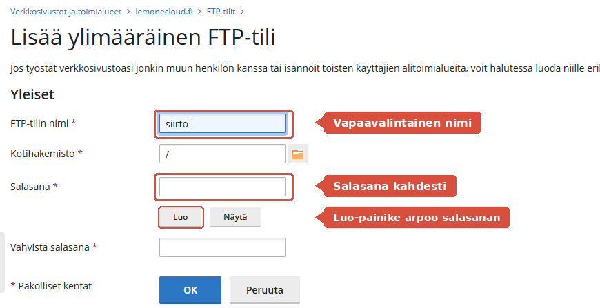 Lisää ylimääräinen FTP-tili -lomake, jossa nimi- ja salasanakentät on korostettu