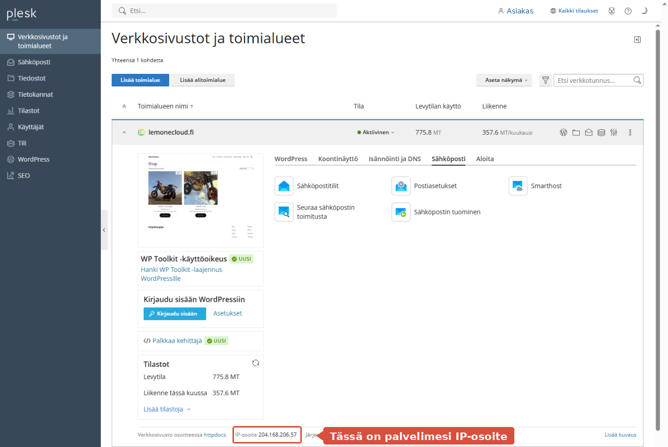 Plesk-hallinta, jossa verkkotunnuksen alimmalla rivillä näkyy IP-osoite 204.168.206.57