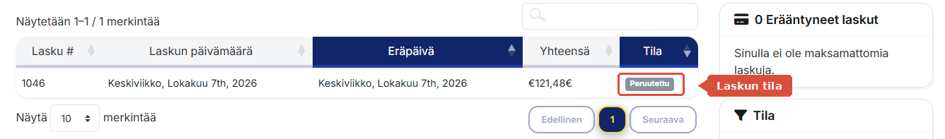 Laskulista, jossa laskun tila on korostettuna