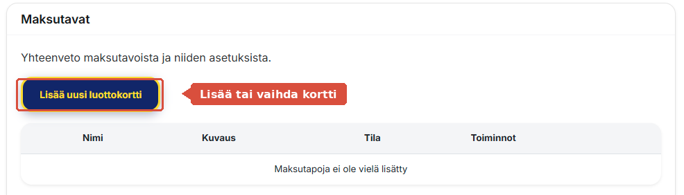 Maksutavat-sivu, jossa Lisää uusi luottokortti -painike on korostettuna