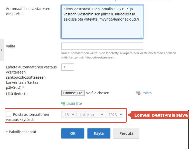 Kohta Poista automaattinen vastaus käytöstä ja päivämäärävalinta korostettuna