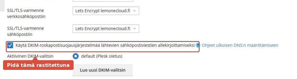Postiasetusten DKIM-valinta rastitettuna