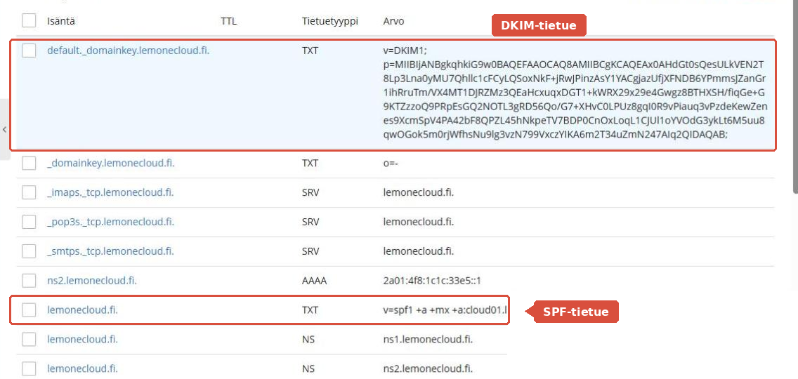 DNS-tietueiden lista, jossa DKIM- ja SPF-tietue on korostettu