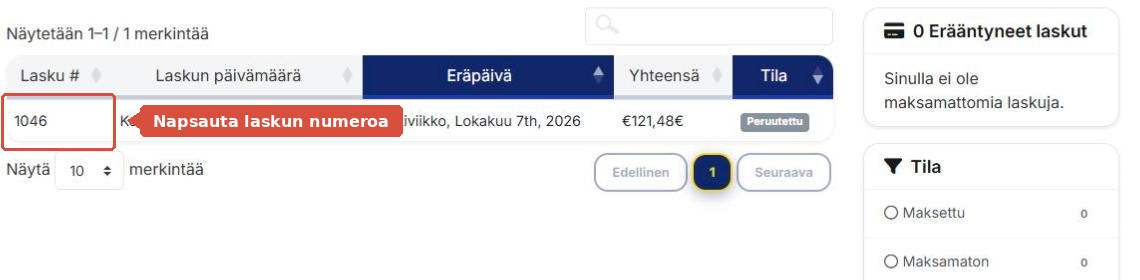 Laskuni-sivu, jossa laskun numero on korostettu