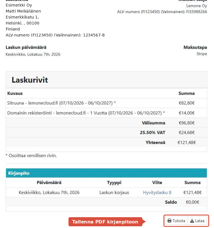 Avattu lasku, jossa Tulosta- ja Lataa-painikkeet on korostettu