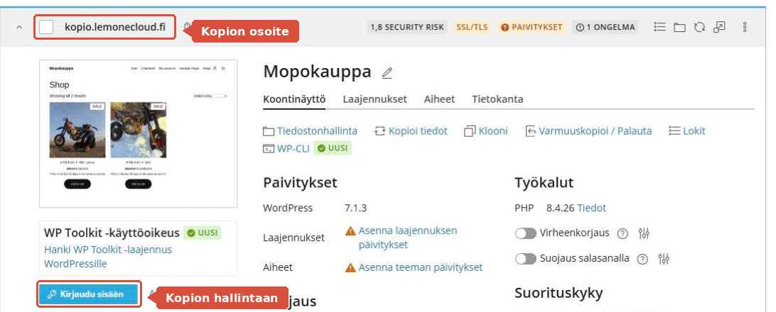 Valmis kopio omana korttinaan WP Toolkitissa