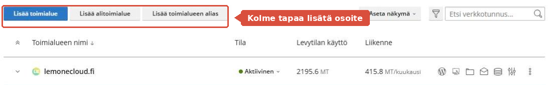 Verkkosivustot ja toimialueet -sivun kolme painiketta: Lisää toimialue, Lisää alitoimialue ja Lisää toimialueen alias