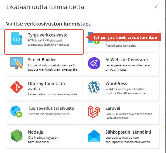 Valikoima verkkosivuston luomistapoja, joista Tyhjä verkkosivusto on korostettu