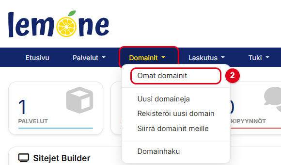 Domainit-valikko, jossa Omat domainit on korostettu
